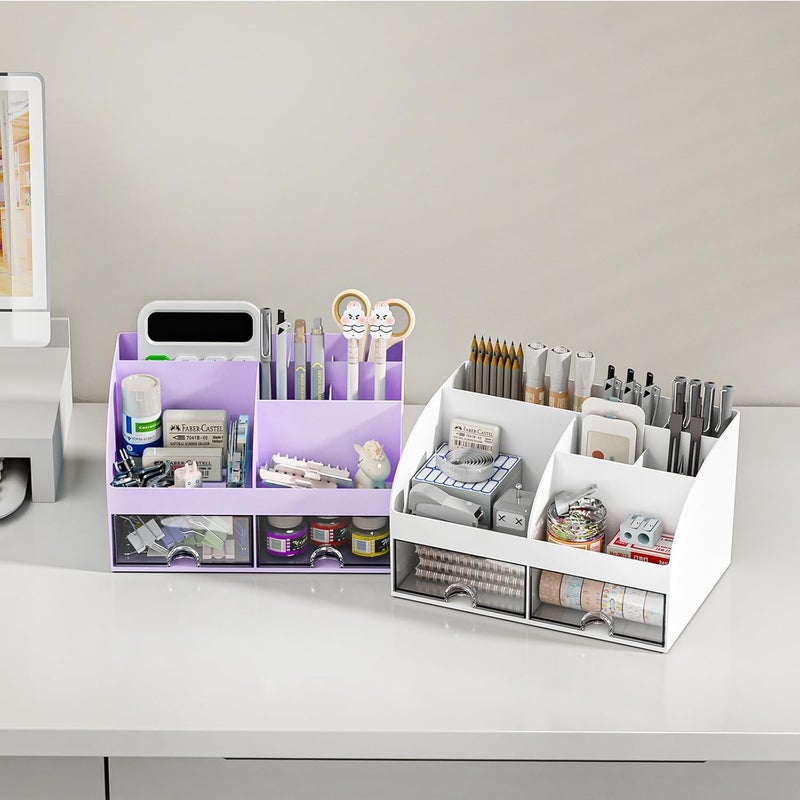 COMFYROOM Desk Organizer with 6 Compartments and 2 Drawers, Plastic Makeup Organizer, Pen Holder for Desktop Storage, Desk Organization for School, Home, Office Supplies (Purple) - Image 5